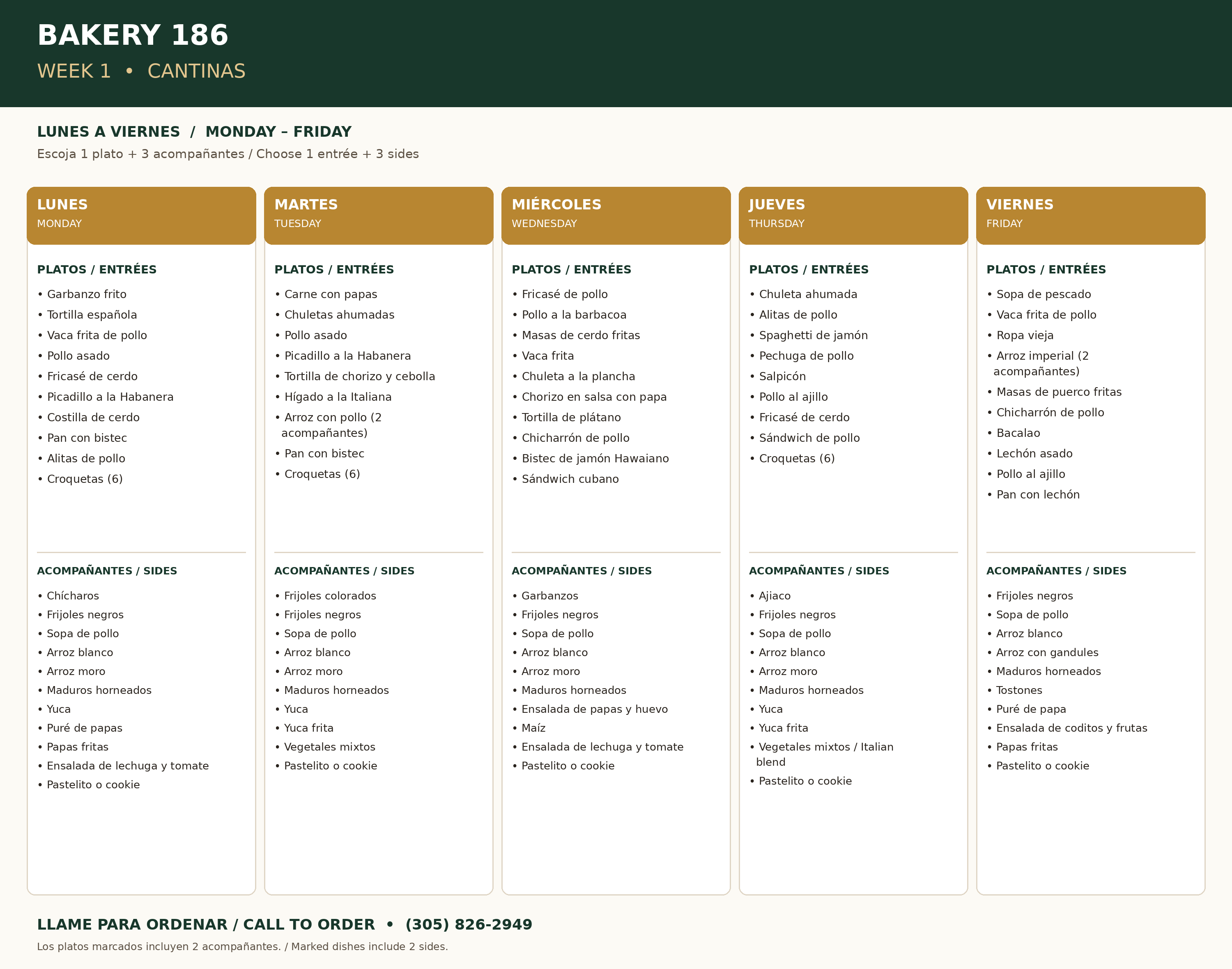 Week 1: Monday–Friday menu, entrées and side dishes