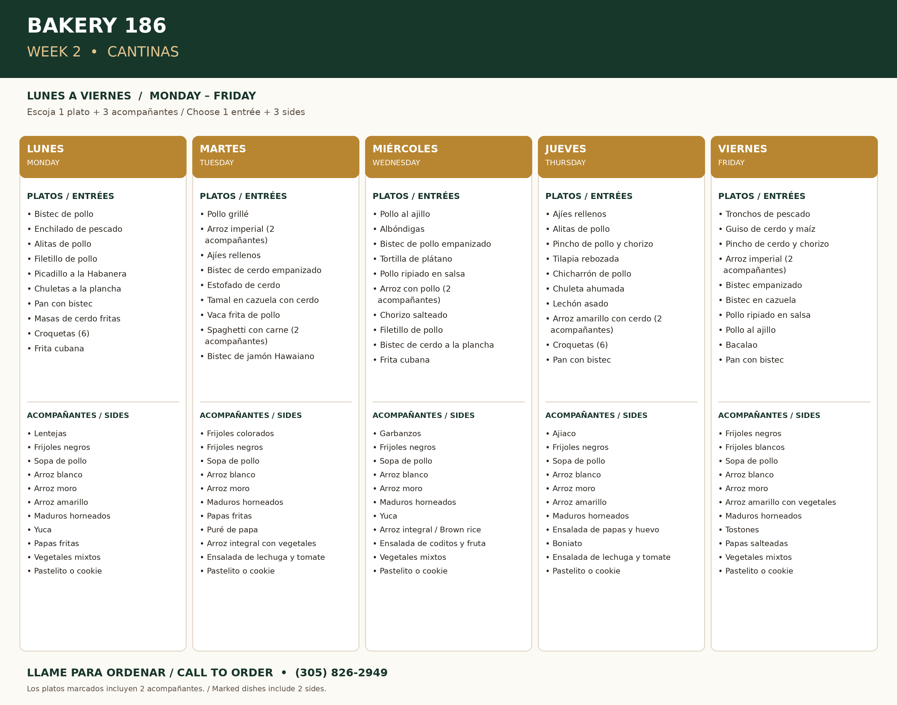 Week 2: Monday–Friday menu, entrées and side dishes